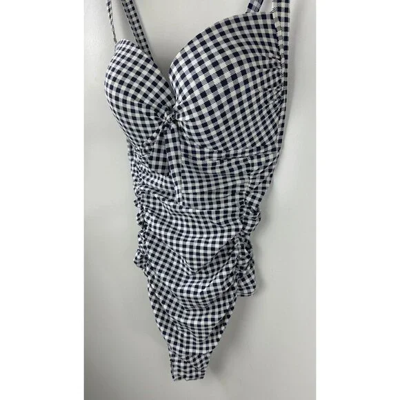 Torrid Navy Gingham Tie Front Wireless Ruched One-Piece Swimsuit Plus Size 4 4X - Picture 5 of 16